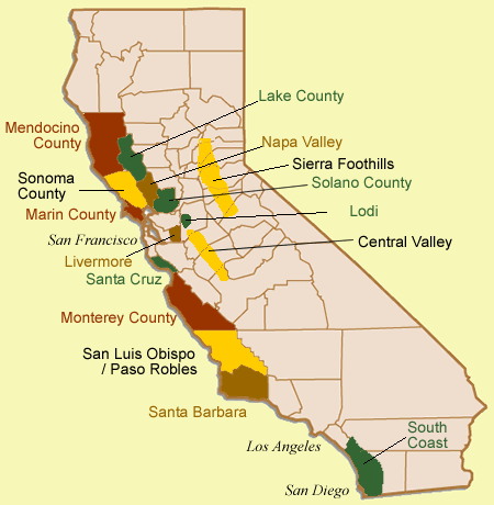 Kalifornie - mapa vinařských oblastí