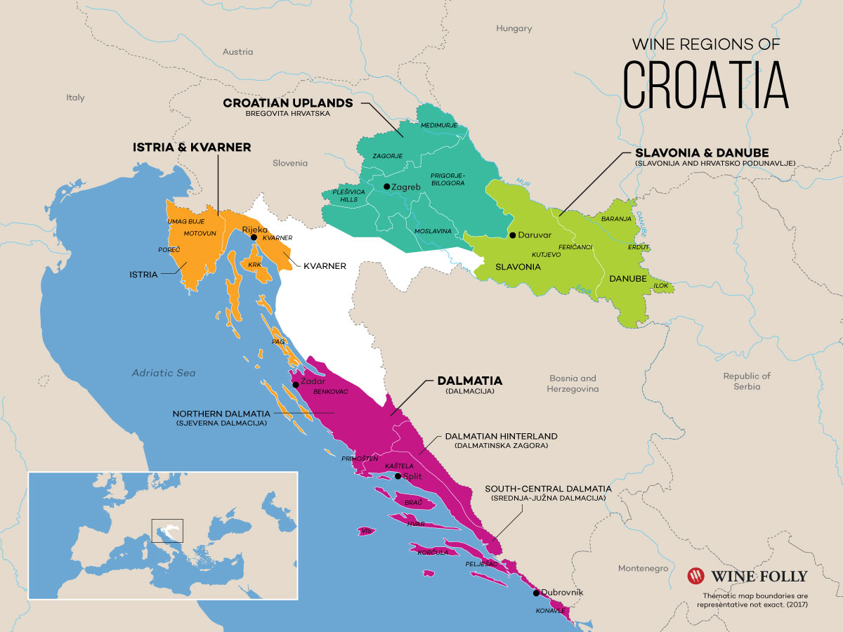 Chorvatsko - mapa vinařských regionů