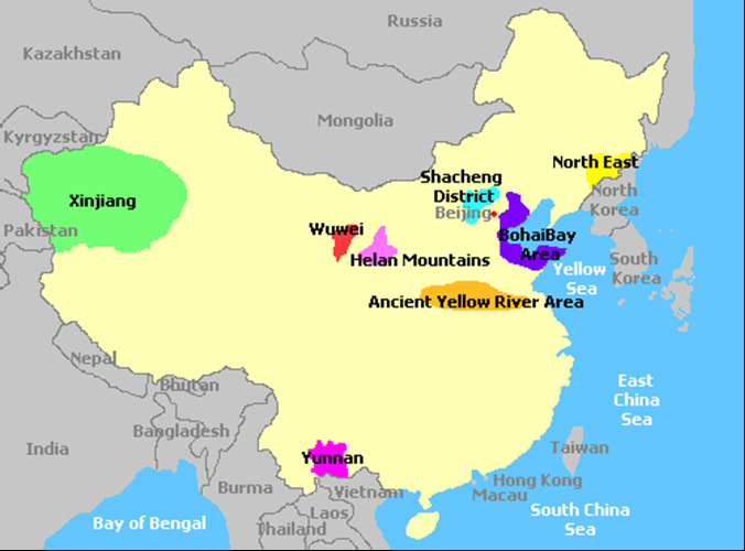 Čína - mapa vinařských oblastí