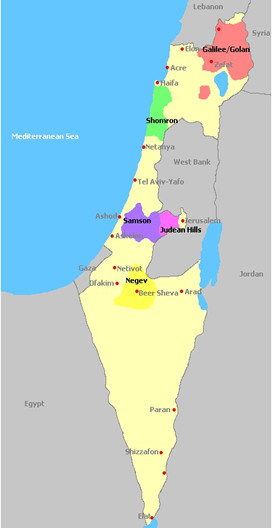Izrael - mapa vinařských oblastí