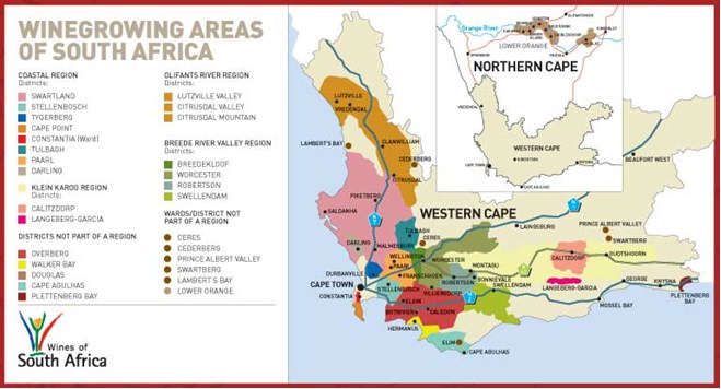 Jižní Afrika - mapa vinařských oblastí