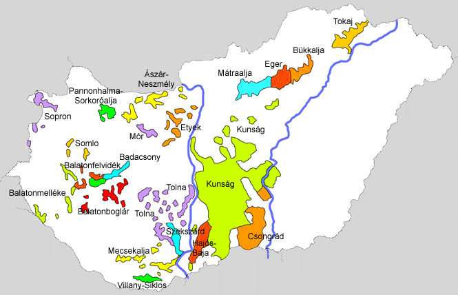 Maďarsko - mapa vinařských oblastí