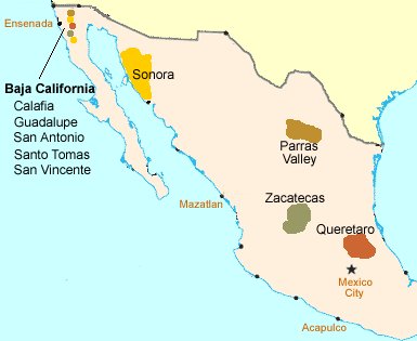 Mexiko - mapa vinařských oblastí