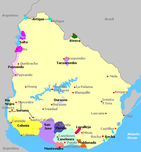 Uruguay - mapa vinařských oblastí
